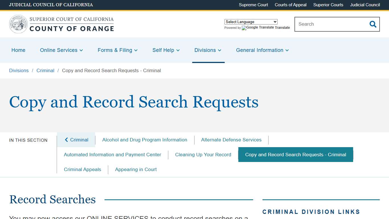 Copy and Record Search Requests - Criminal | Superior Court of California | County of Orange